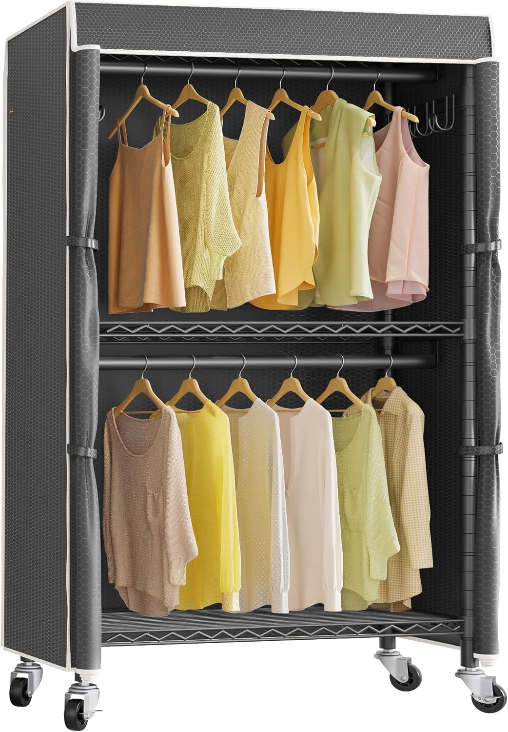 VIPEK R2C Medium Heavy Duty Clothes Rack Rolling Garment Rack with Cover Adjustable Clothing Rack for Hanging Clothes Portable Closets with Double Rods, Black Rack with Black Upgarded Polyester Cover