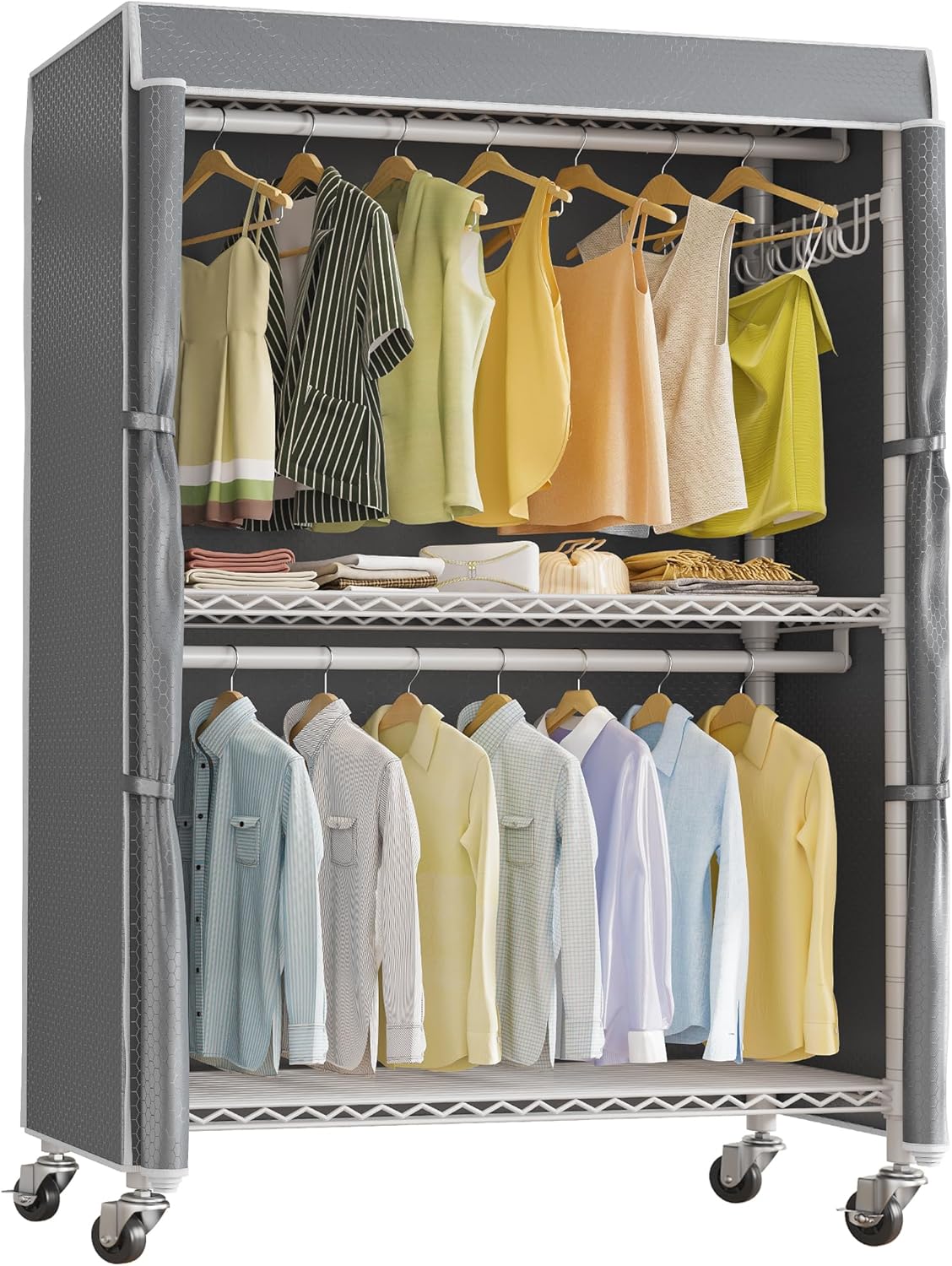 VIPEK R2C Medium Heavy Duty Clothes Rack Rolling Garment Rack with Cover Adjustable Clothing Rack for Hanging Clothes Portable Closets with Double Rods, Black Rack with Black Upgarded Polyester Cover