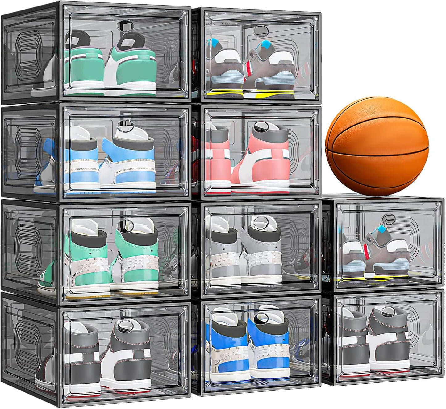 10 Pack Thicken Shoe Organizer Stackable,Upgraded Sturdy Shoe Storage Box with Magnetic Door,Shoe Containers For Sneaker Display,Hat Organizer,White
