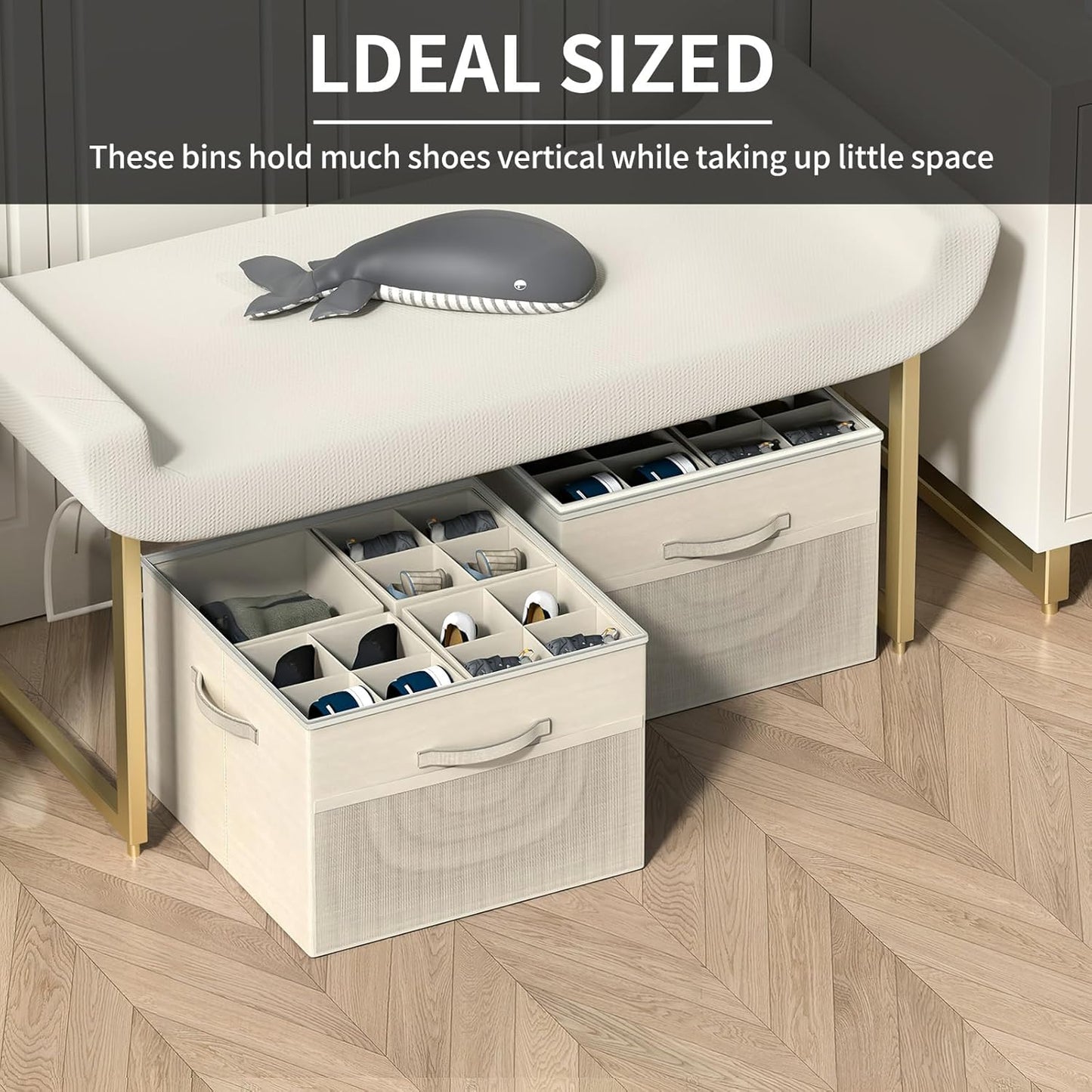 Aokeyee Shoe Organizer for Closet, 2 Pack Foldable Shoe Storage Organizer Box Bin with Adjustable Dividers and Clear Cover, Fits up to 16-32 Pairs (Beige)