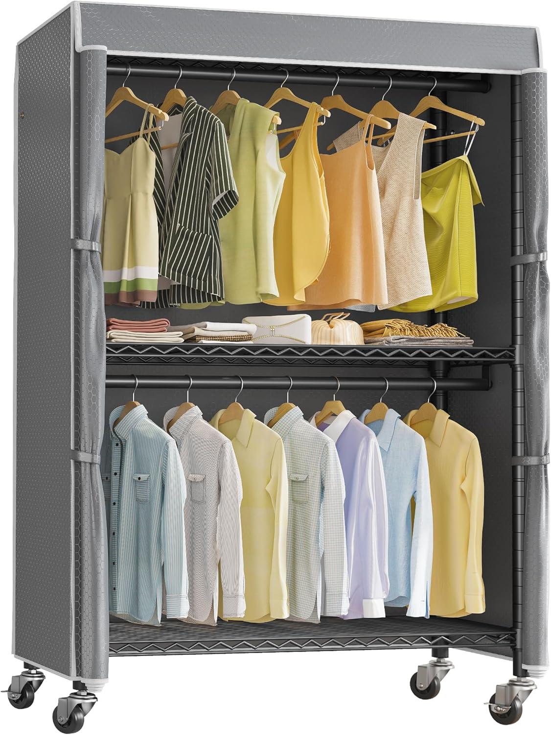VIPEK R2C Medium Heavy Duty Clothes Rack Rolling Garment Rack with Cover Adjustable Clothing Rack for Hanging Clothes Portable Closets with Double Rods, Black Rack with Black Upgarded Polyester Cover