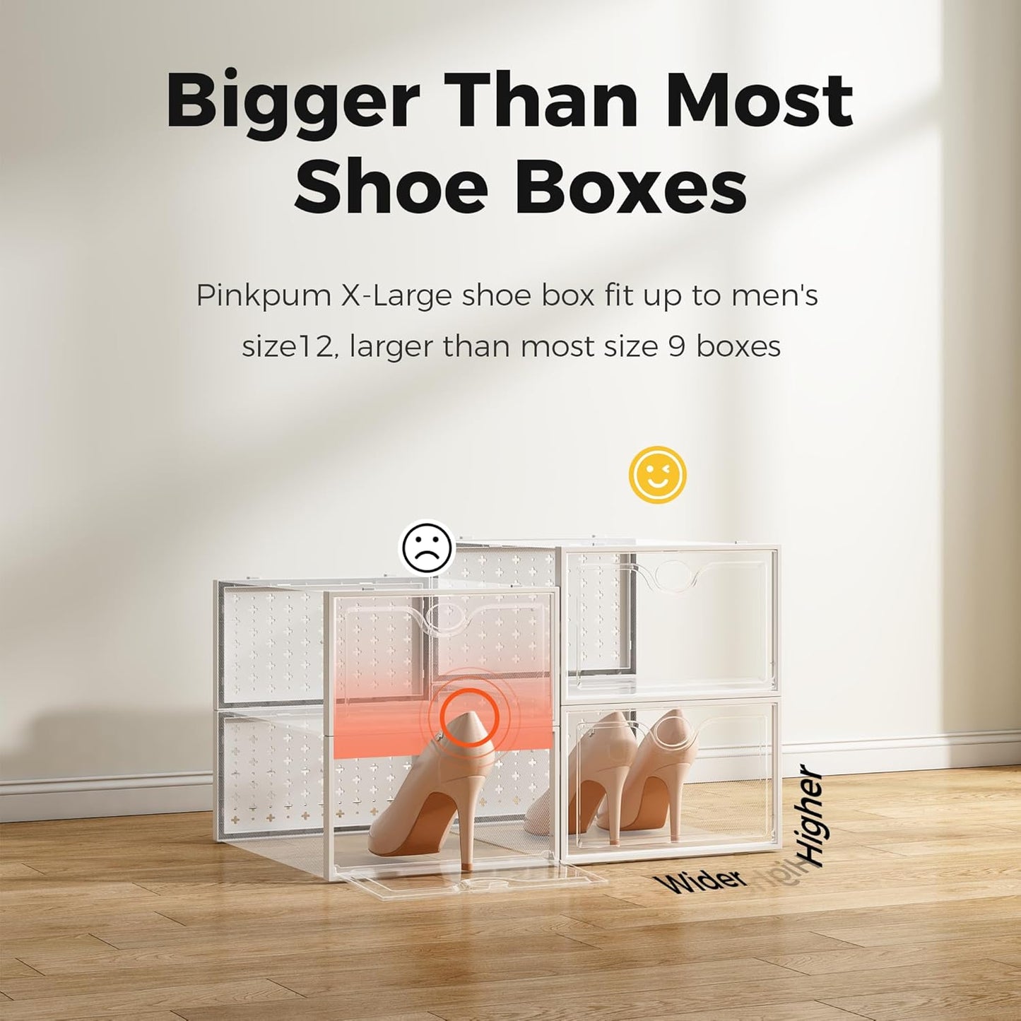 Pinkpum 15 Pack X-Large Shoe Storage Boxes Fit Size 12, Shoe Organizer for Closet Clear Plastic Stackable Shoe Dispaly Case Holder Bins, Sneaker Storage for Sneakerheads White