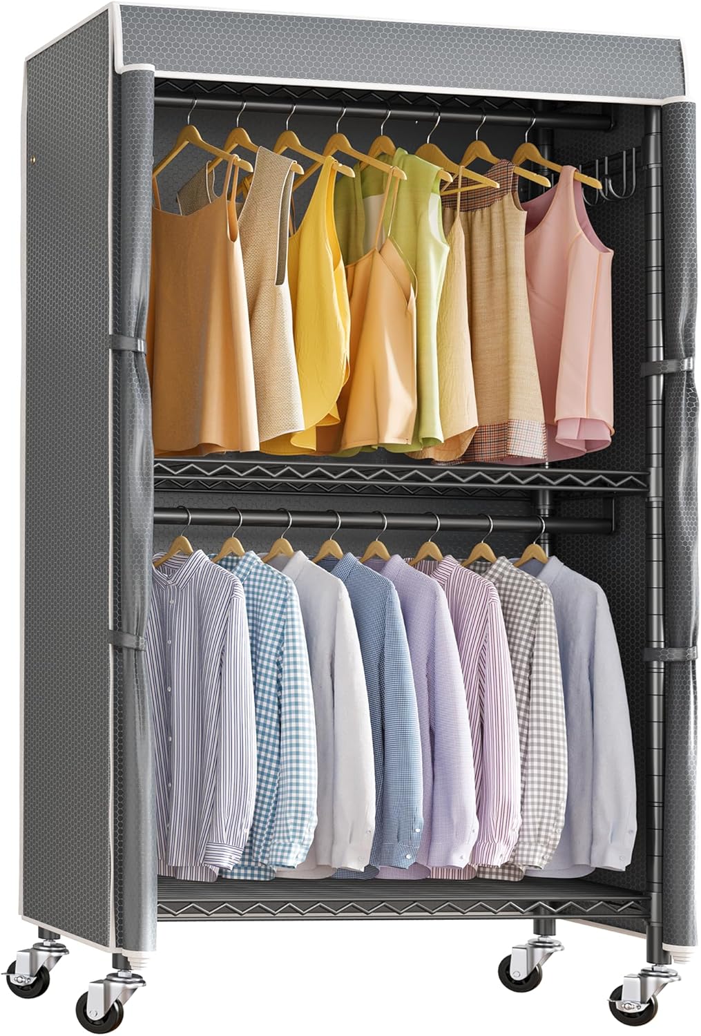 VIPEK R2C Medium Heavy Duty Clothes Rack Rolling Garment Rack with Cover Adjustable Clothing Rack for Hanging Clothes Portable Closets with Double Rods, Black Rack with Black Upgarded Polyester Cover