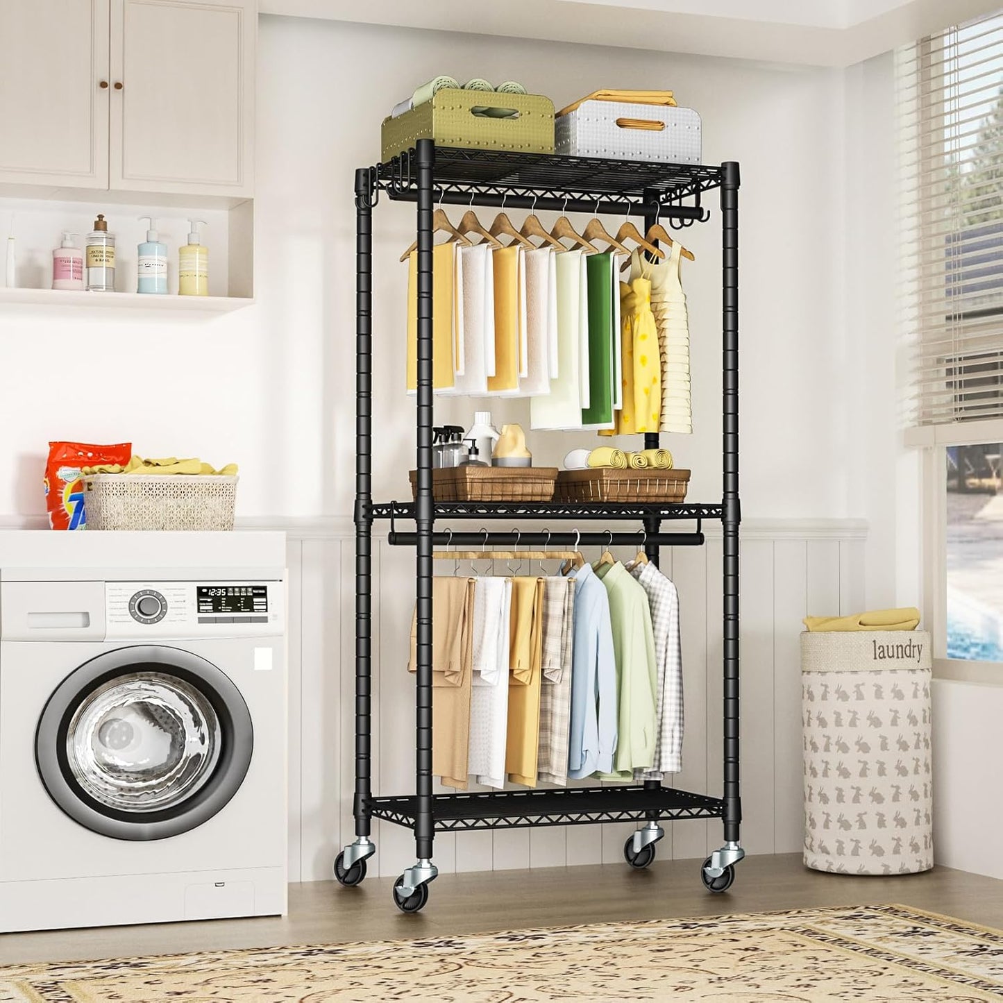 P3 Mini Rolling Clothes Rack, Clothing Racks for Hanging Clothes, Heavy Duty Garment Rack with Wheels, Freestanding Portable Closet Rack 23.6'' W x 14'' D x 78.5'' H, Max Load 430 Lbs, Black