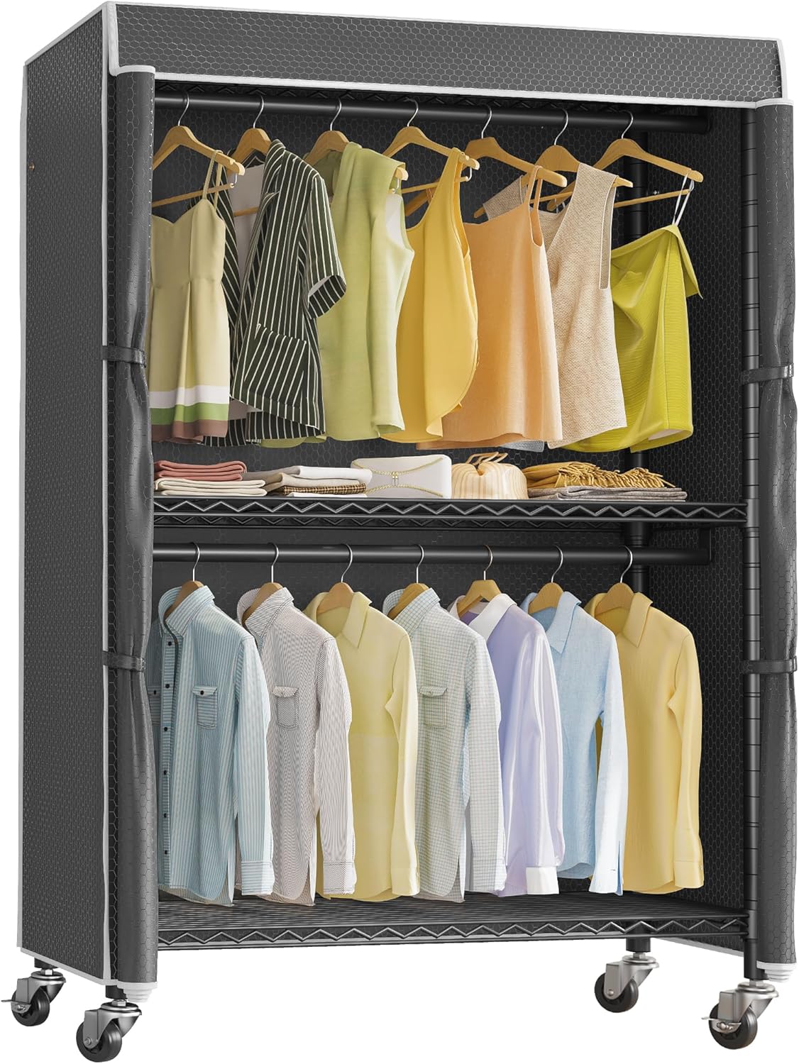 VIPEK R2C Medium Heavy Duty Clothes Rack Rolling Garment Rack with Cover Adjustable Clothing Rack for Hanging Clothes Portable Closets with Double Rods, Black Rack with Black Upgarded Polyester Cover