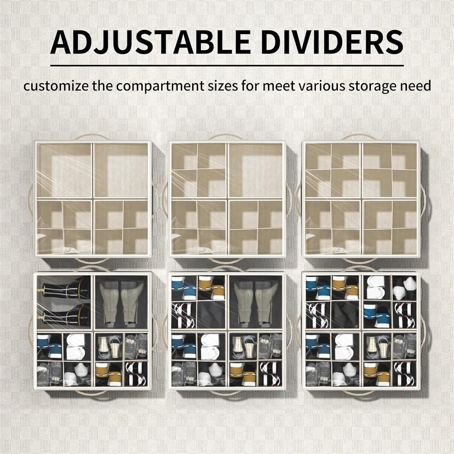 Aokeyee Shoe Organizer for Closet, 2 Pack Foldable Shoe Storage Organizer Box Bin with Adjustable Dividers and Clear Cover, Fits up to 16-32 Pairs (Beige)