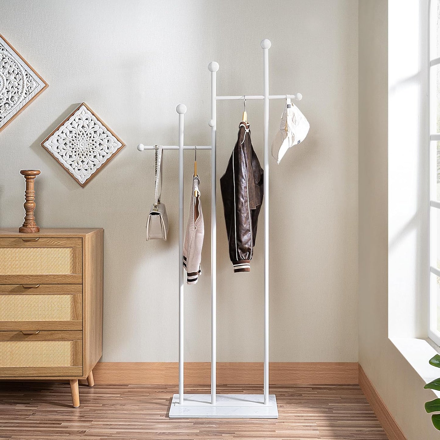 Standing Coat Rack with Marble Base Heavy Duty Clothes Hanger Rack Metal Coat Tree for Clothes Hats Scarfs Purses 19.69 x 11.02 x 68.9 Inches (Gold)