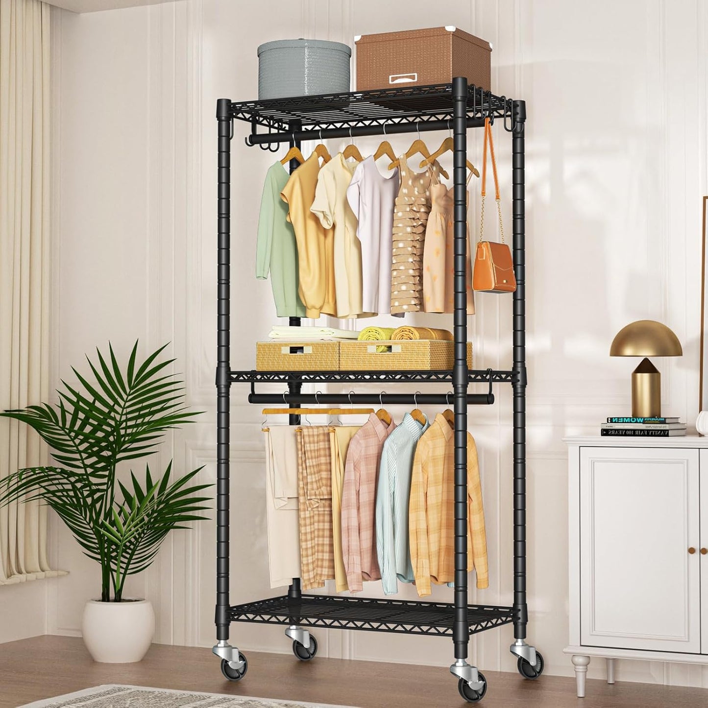 P3 Mini Rolling Clothes Rack, Clothing Racks for Hanging Clothes, Heavy Duty Garment Rack with Wheels, Freestanding Portable Closet Rack 23.6'' W x 14'' D x 78.5'' H, Max Load 430 Lbs, Black