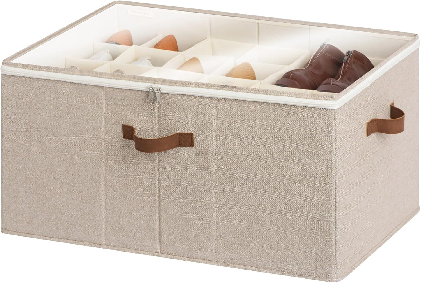 StorageWorks Shoe Organizer for Closet, Fits up to 16 Pairs, Shoe Cubby Storage Containers with Adjustable Dividers and Clear Cover, Beige