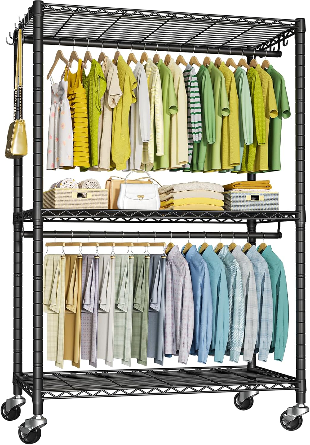 P3 Mini Rolling Clothes Rack, Clothing Racks for Hanging Clothes, Heavy Duty Garment Rack with Wheels, Freestanding Portable Closet Rack 23.6'' W x 14'' D x 78.5'' H, Max Load 430 Lbs, Black