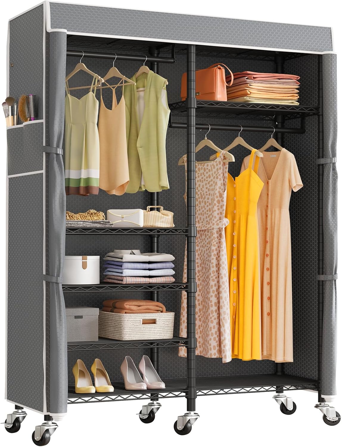 VIPEK R4 Garment Racks Heavy Duty Clothes Rack -620lb Capacity Metal Frame, Rolling Lockable Wheels & 6 Tiers Adjustable Height Shelves & Hanger Rods, Sturdy Wardrobe Closet for Home Storage, Black
