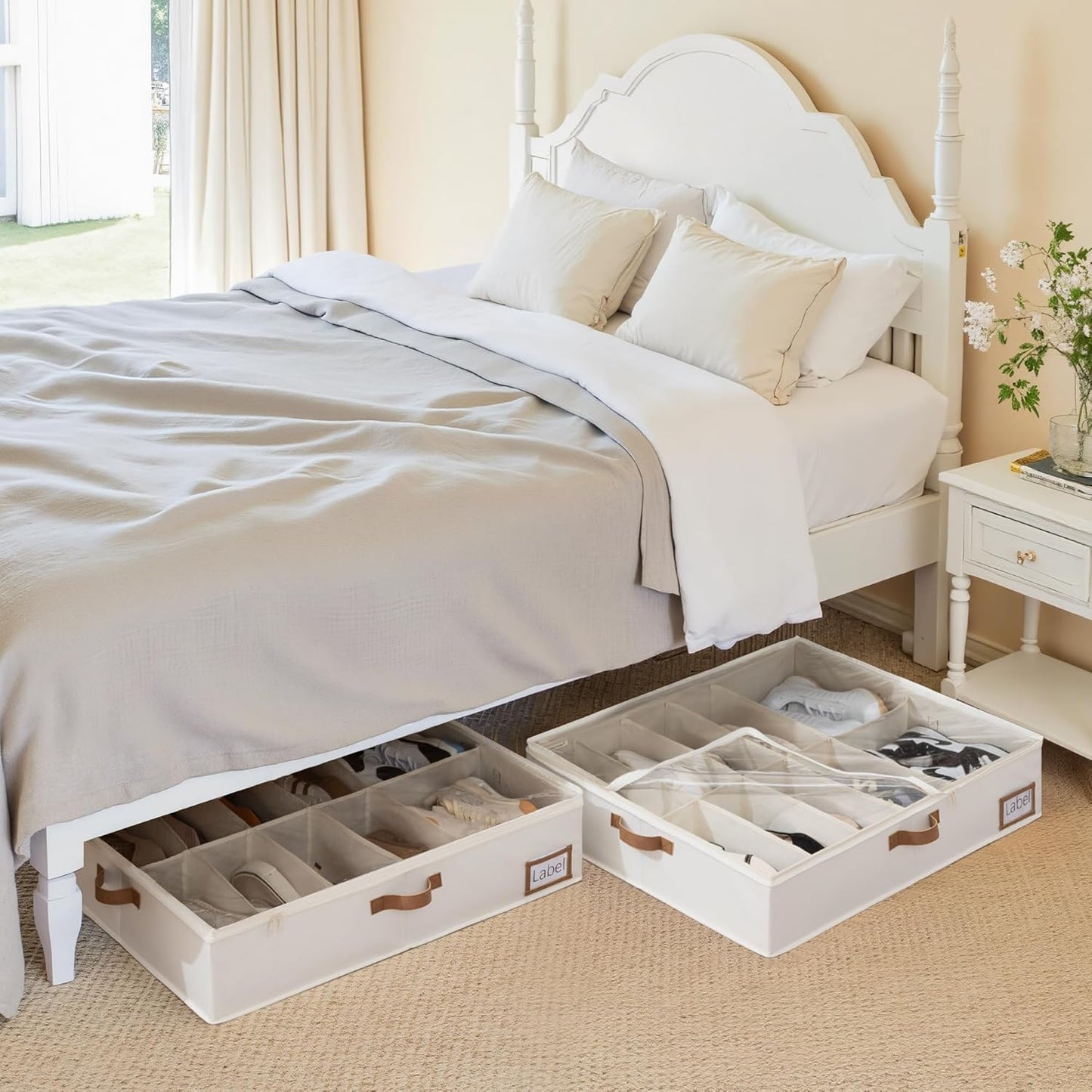 StorageWorks Under Bed Shoe Storage for Closet, 2-Pack Ultra-thick Fabric Shoe Organizer, Collapsible Shoes Containers with Bottom Support, Fits up to 32 Pairs, Beige