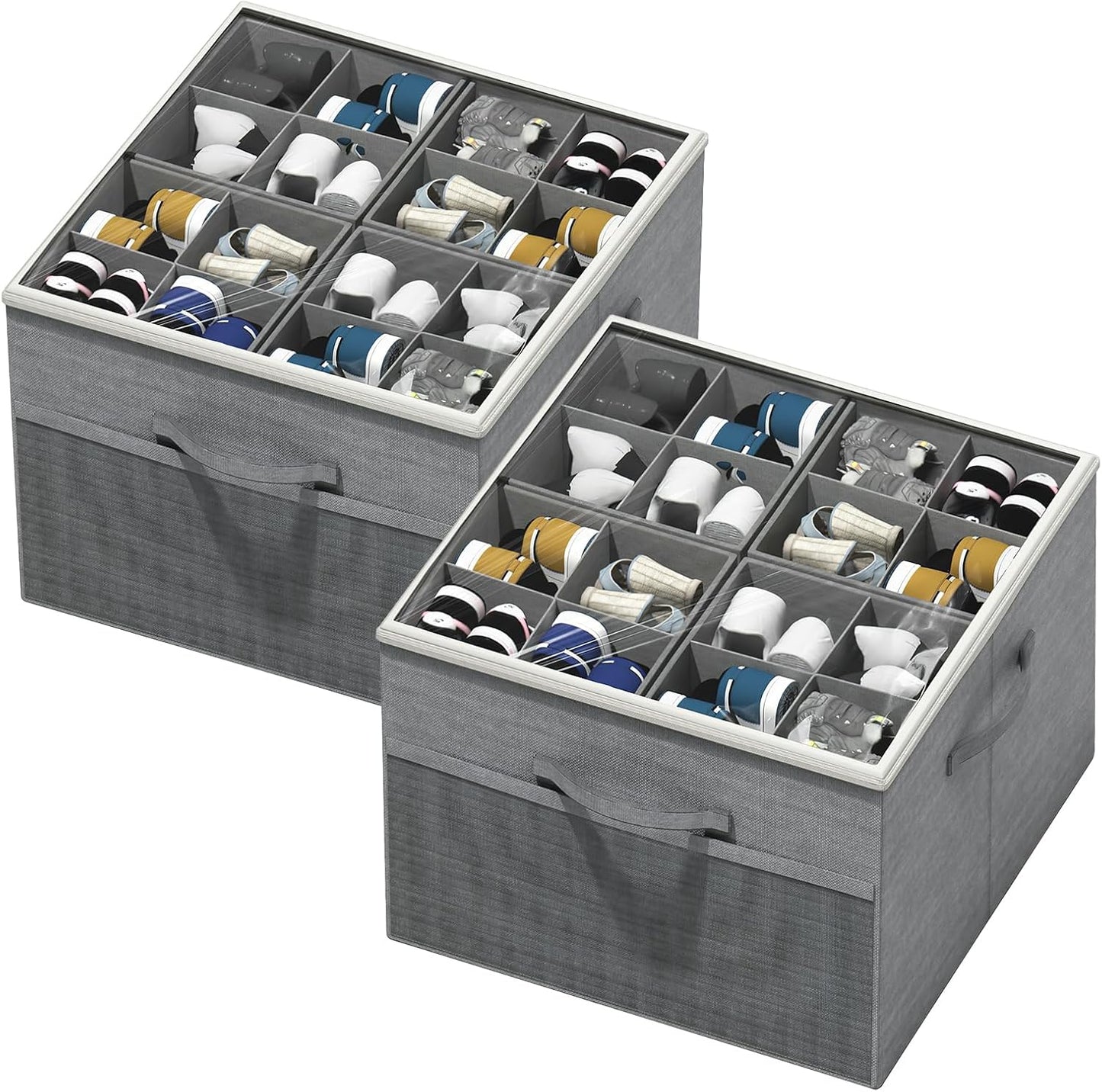 Aokeyee Shoe Organizer for Closet, 2 Pack Foldable Shoe Storage Organizer Box Bin with Adjustable Dividers and Clear Cover, Fits up to 16-32 Pairs (Beige)