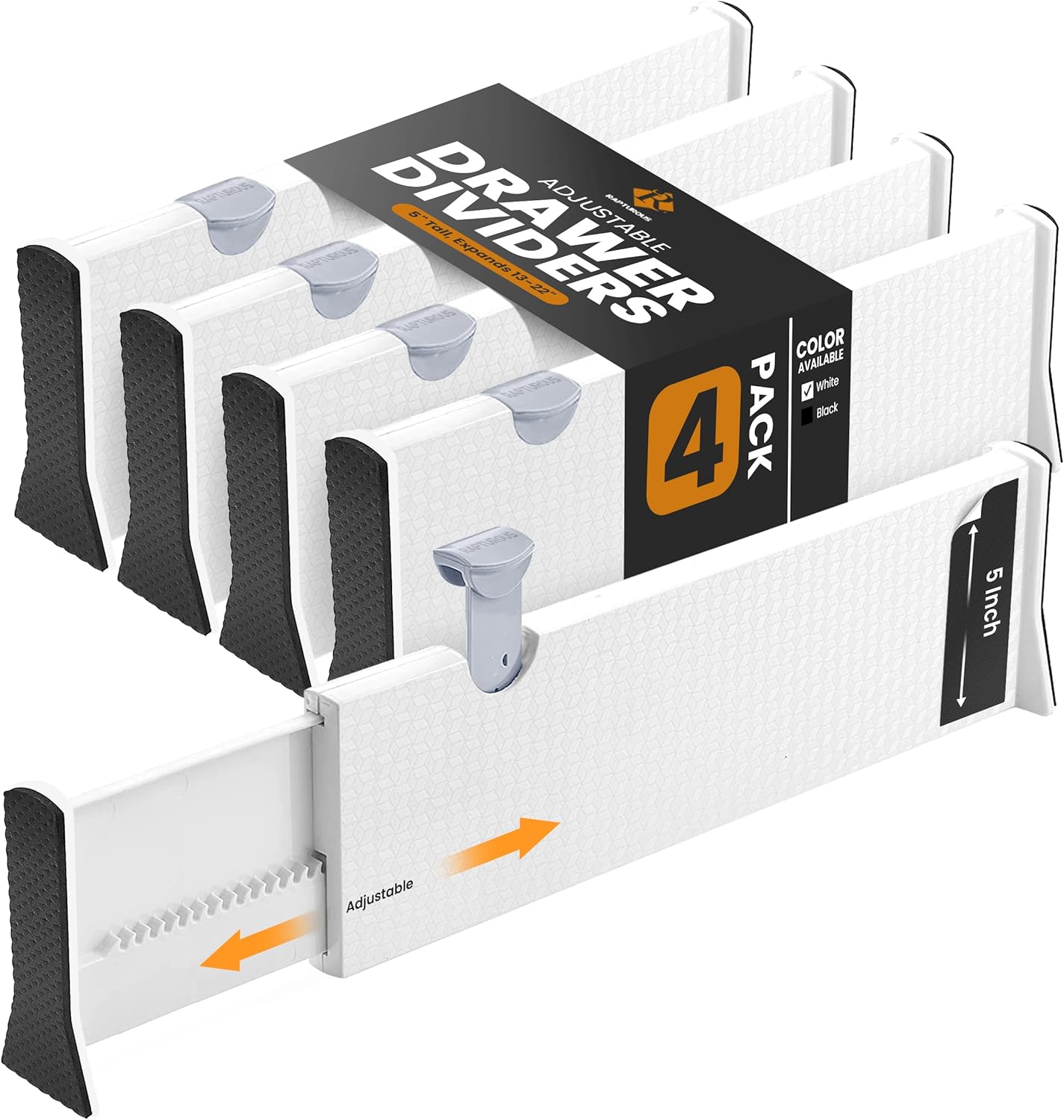 RAPTUROUS Adjustable Deep Drawer Divider – 5" Tall, Expandable 13-22", 5-Pack, Non-Slip Drawer Dividers for Clothes, Dresser, Kitchen & Office Organization (White)