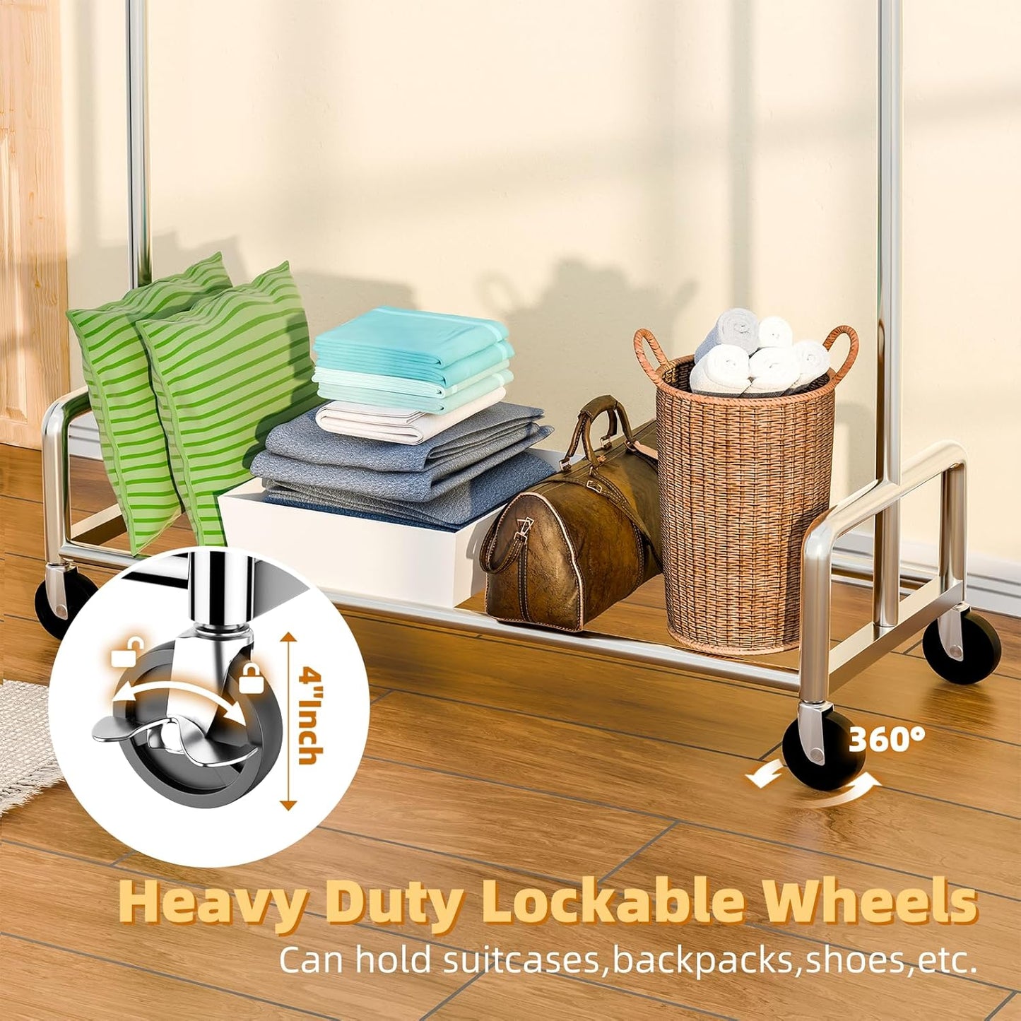 Simple Trending Heavy Duty Clothing Clothes Rack with Wheels for Hanging, Metal Rolling Garment Rack Organizer Load 500 LBS, Chrome