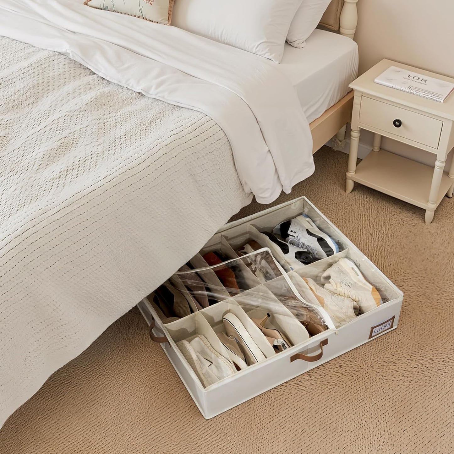 StorageWorks Under Bed Shoe Storage for Closet, 2-Pack Ultra-thick Fabric Shoe Organizer, Collapsible Shoes Containers with Bottom Support, Fits up to 32 Pairs, Beige