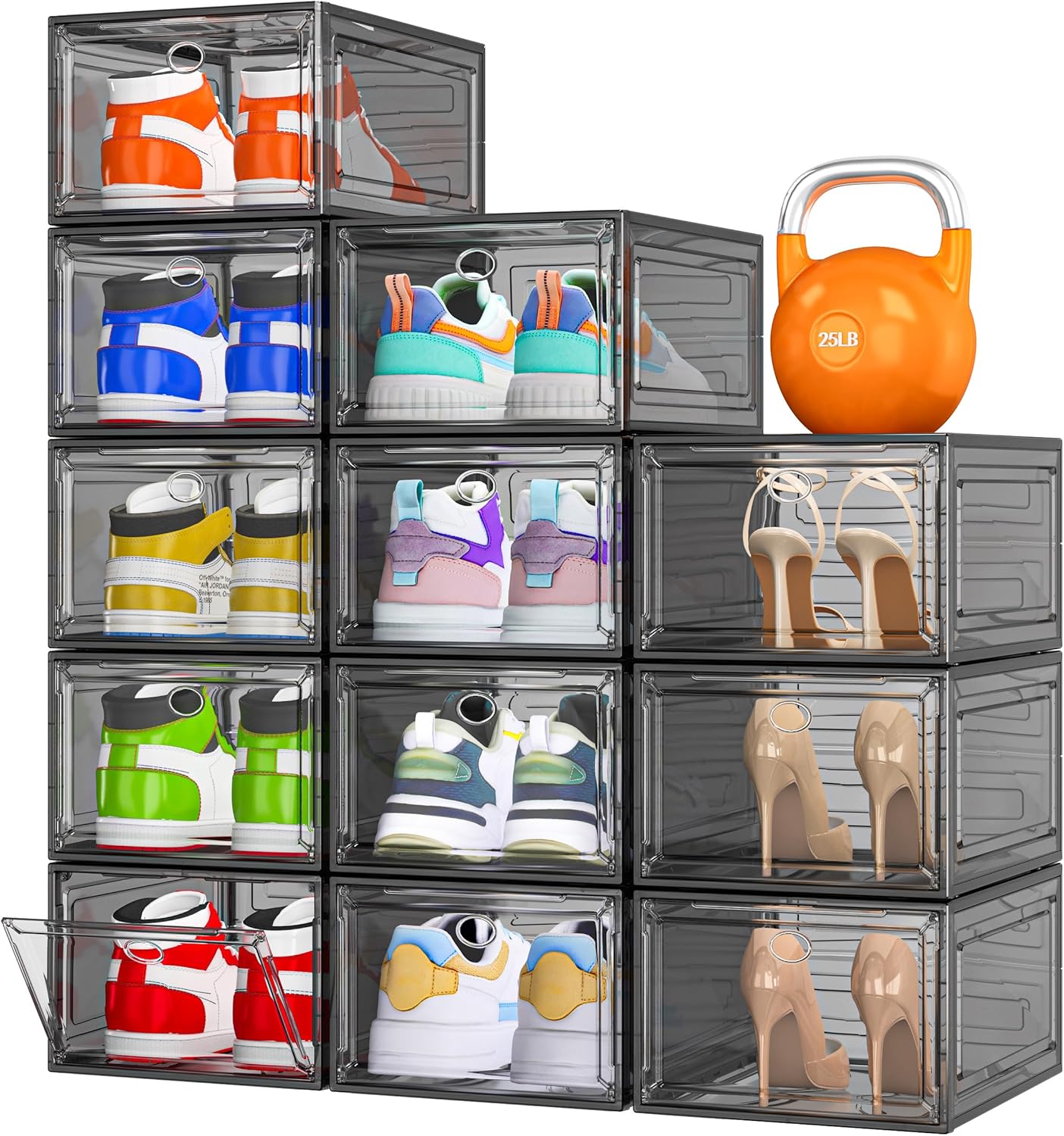 Thicken & Sturdy Clear Shoe Storage Organizer with Magnetic Door, Stackable Boxes for Closet, Foldable Space-Saving Shoe Rack for Sneaker Boot Container, Plastic Shoe Cabinet Shoe Box 6 Pack, White
