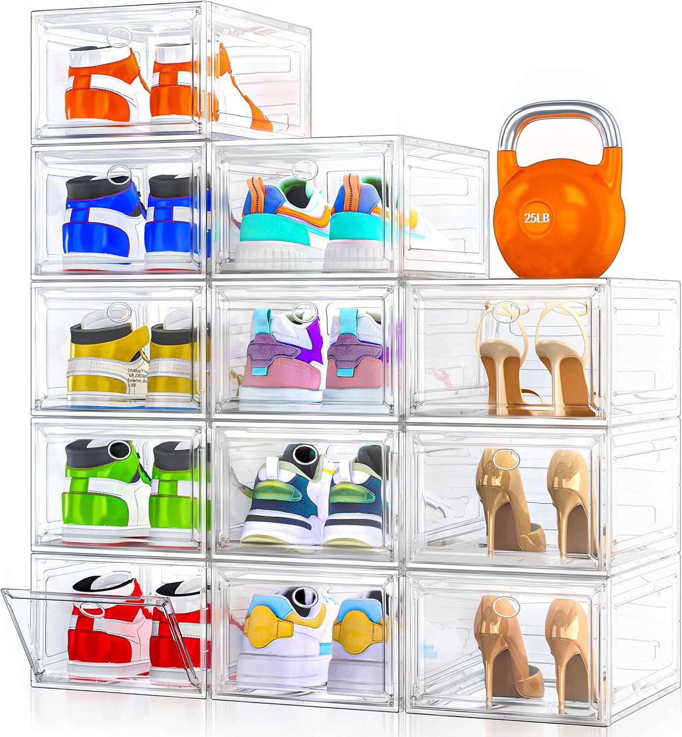 Thicken & Sturdy Clear Shoe Storage Organizer with Magnetic Door, Stackable Boxes for Closet, Foldable Space-Saving Shoe Rack for Sneaker Boot Container, Plastic Shoe Cabinet Shoe Box 6 Pack, White